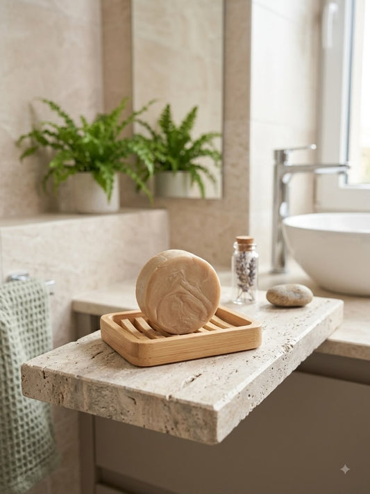 Après-shampoing solide Passion Akayia Nature posé dans une salle de bain — fait main en Alsace