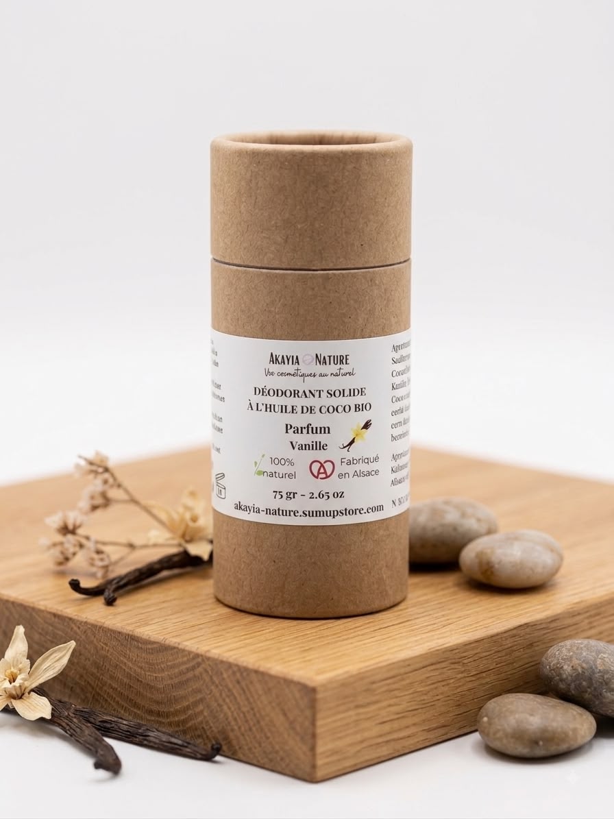 Déodorant solide naturel parfum vanille 75g — Akayia Nature, fait main en Alsace