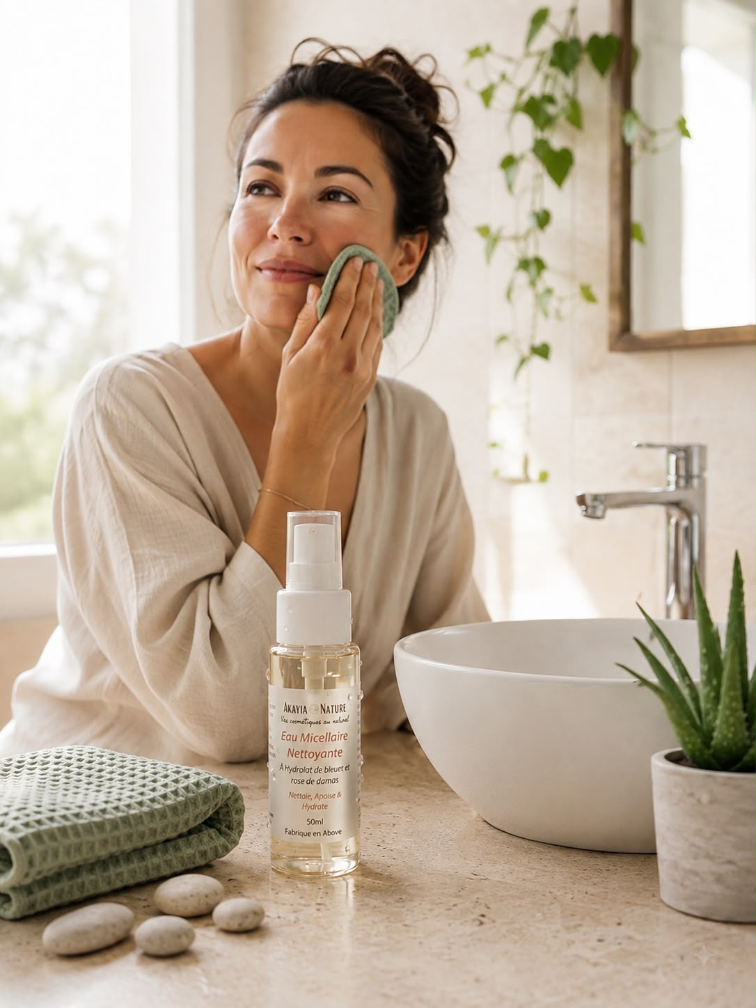 Application de l'eau micellaire naturelle Akayia Nature sur le visage