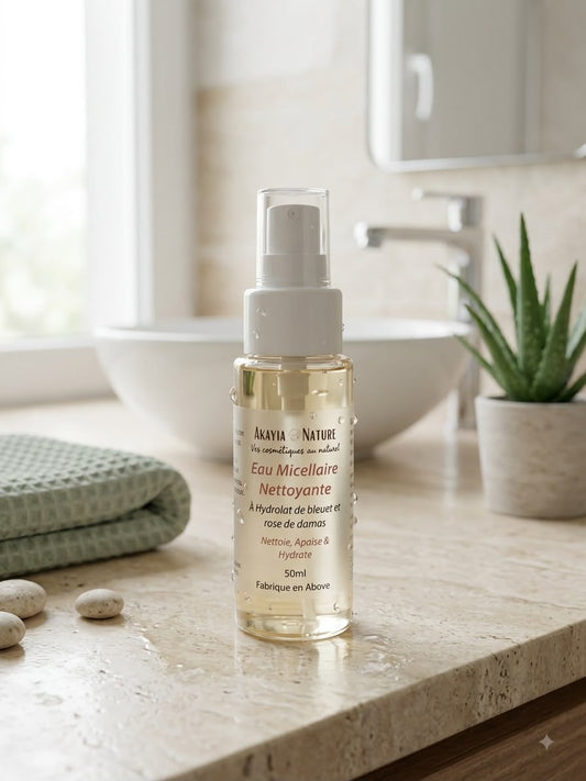 Eau micellaire naturelle Akayia Nature posée dans une salle de bain — fait main en Alsace