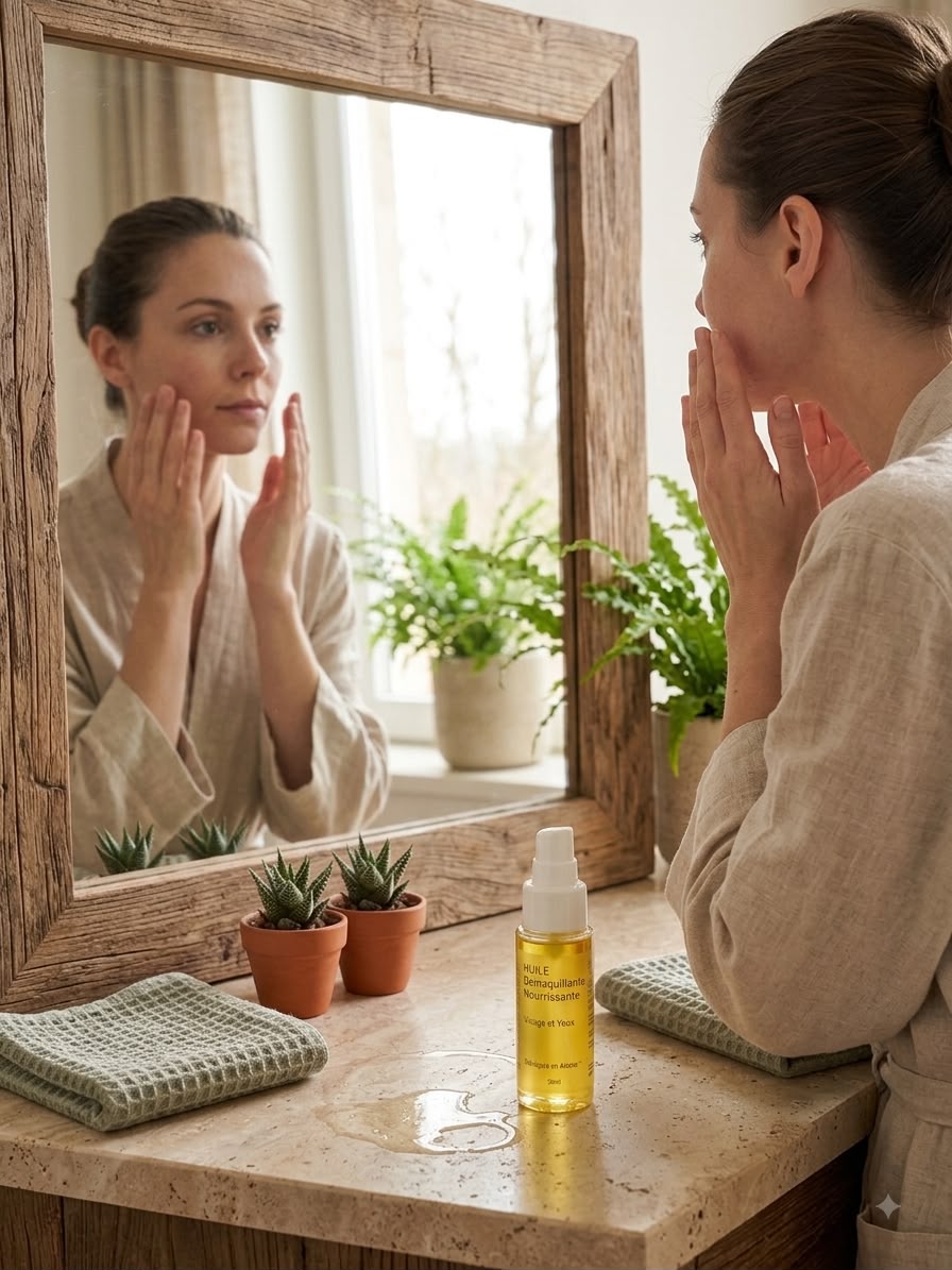 Application de l'huile démaquillante naturelle Akayia Nature sur le visage