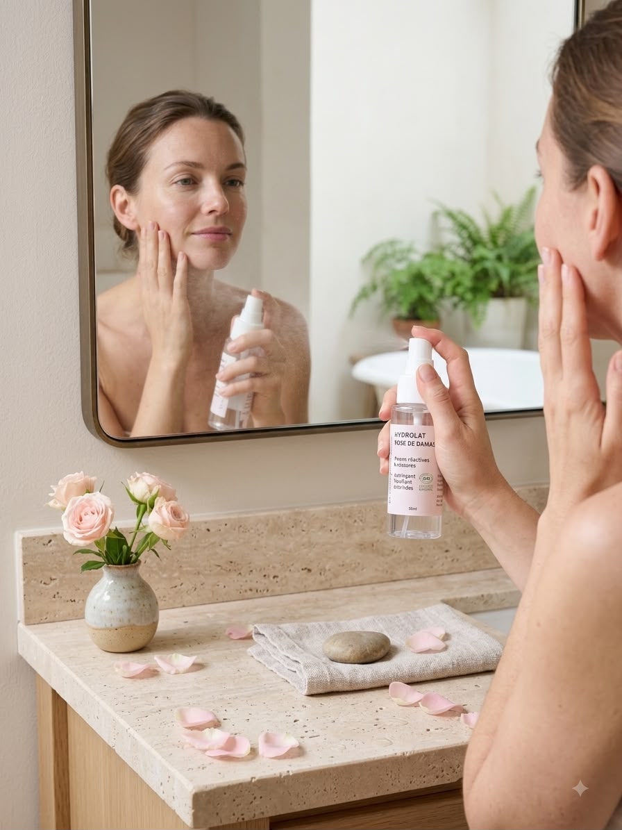 Application de l'hydrolat de rose de Damas Akayia Nature sur le visage