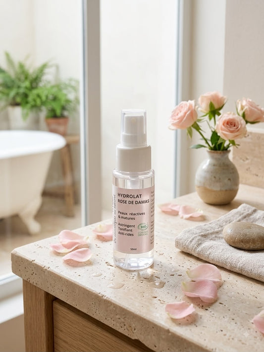 Hydrolat de rose de Damas Akayia Nature posé dans une salle de bain — fait main en Alsace